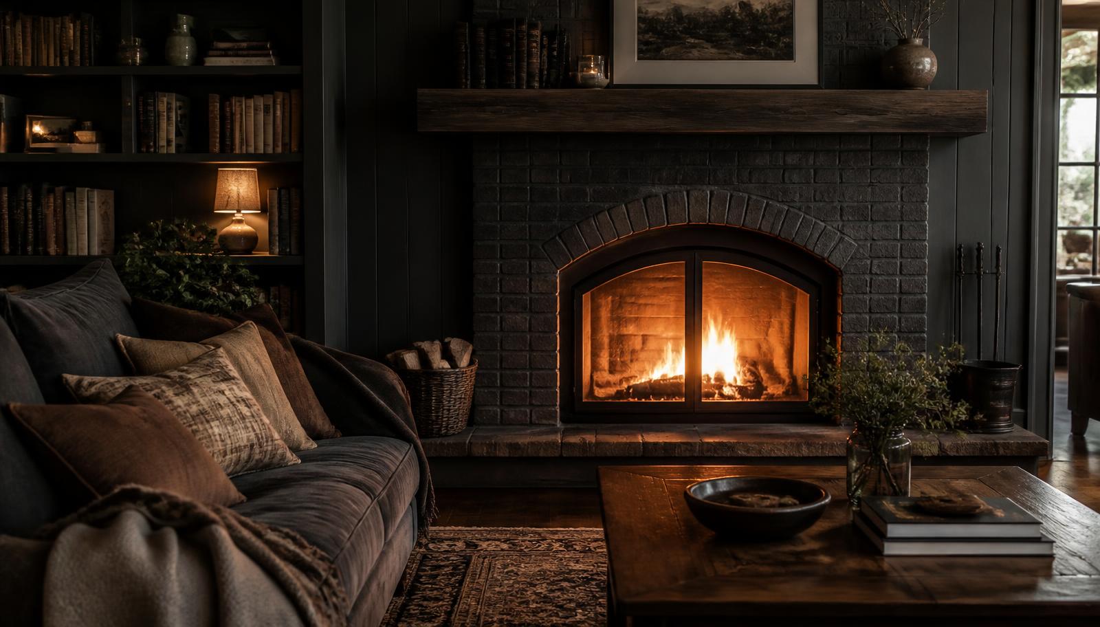Warm residential fireplace burning inside a brick surround
