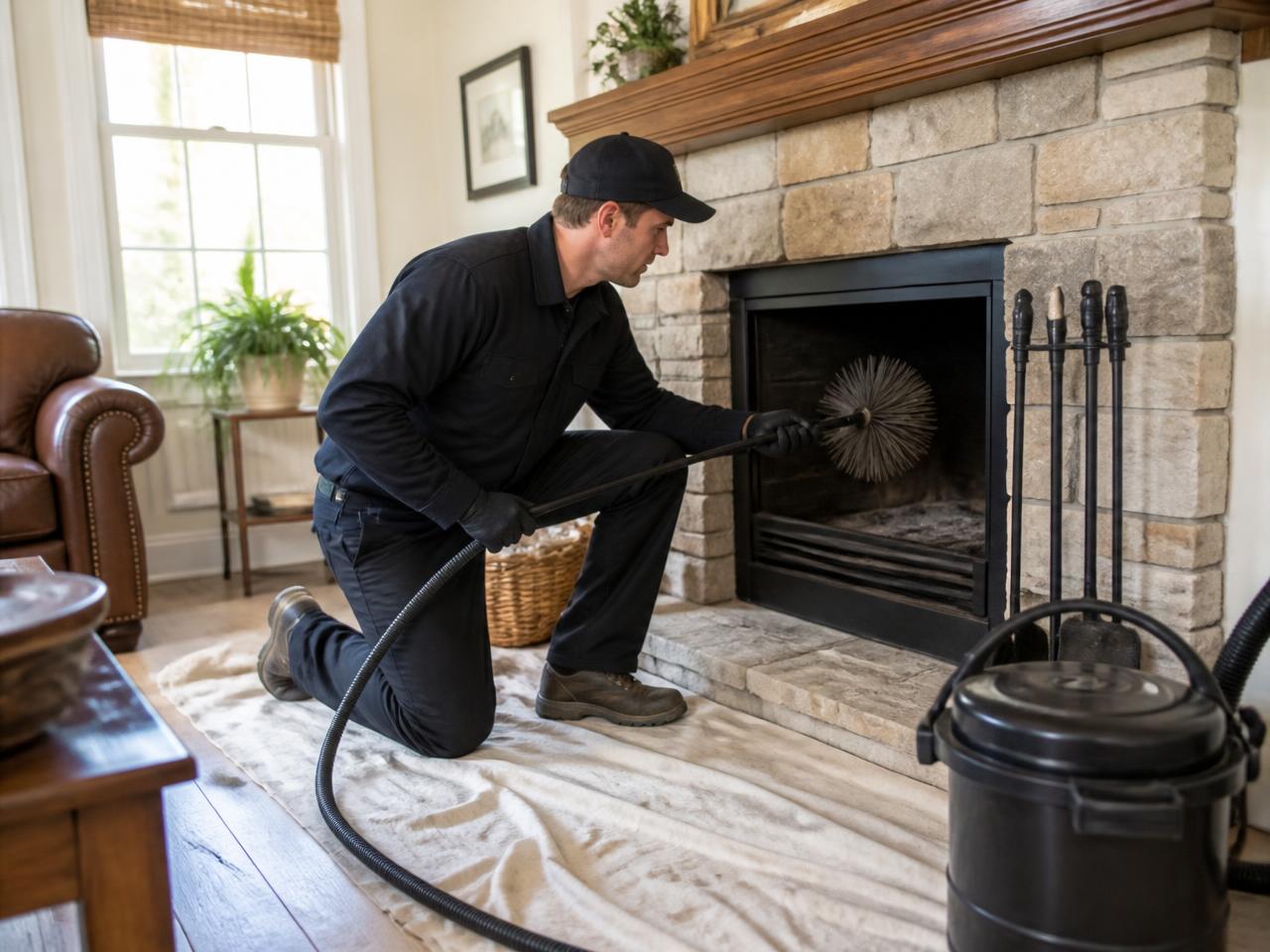 Chimney technician sweeping a living room fireplace with drop cloths protecting the home