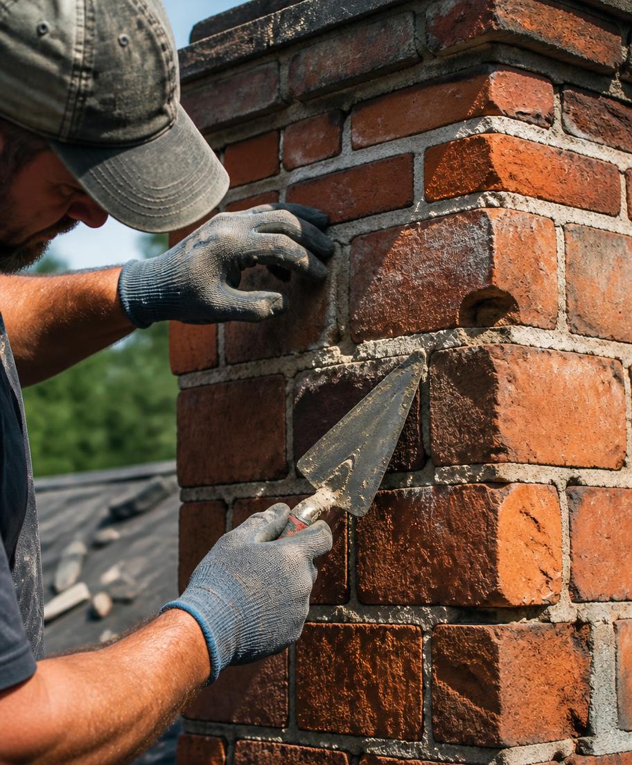 Mason repointing mortar joints on a residential brick chimney