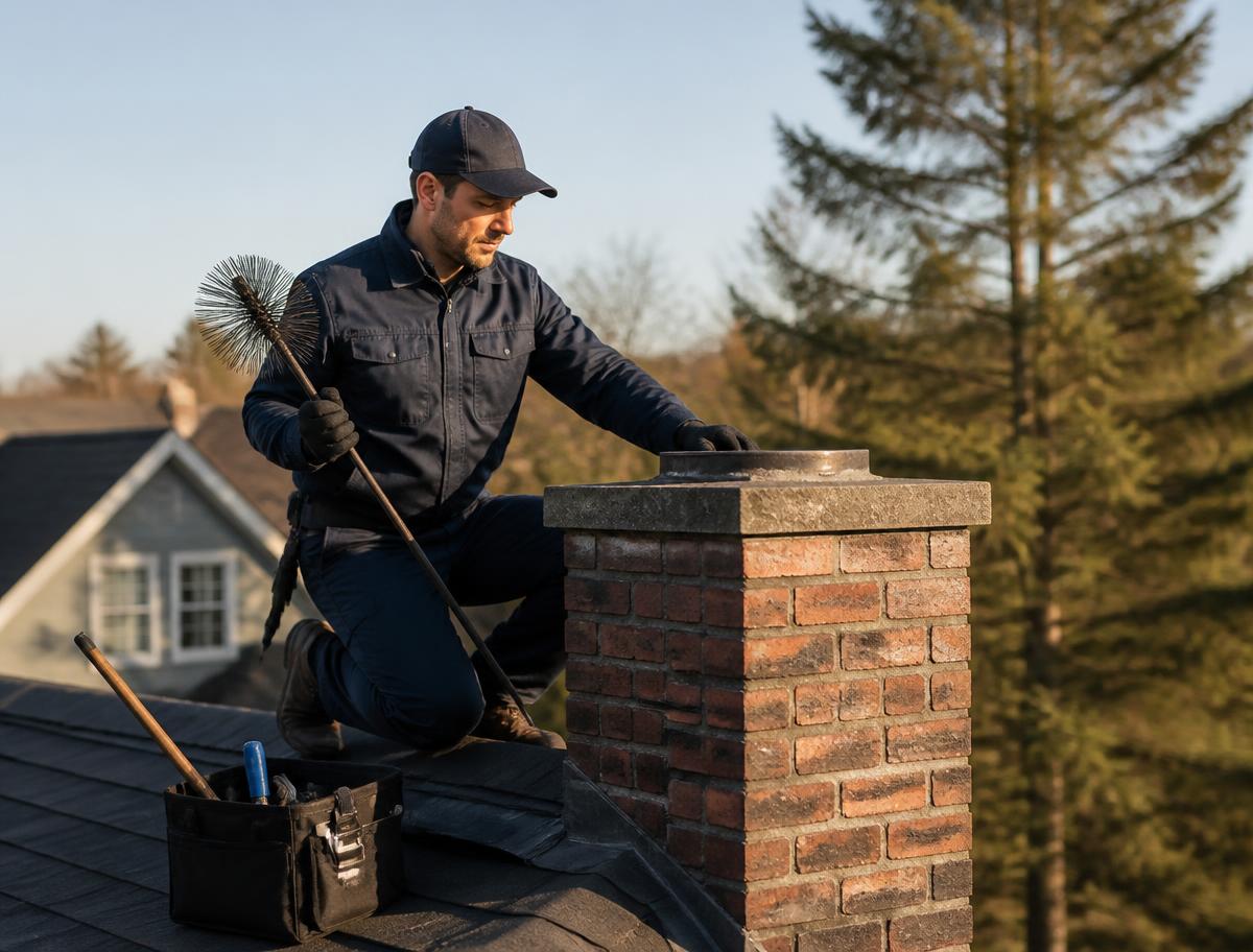 Chimney technician inspecting a residential brick chimney and cap from the roof